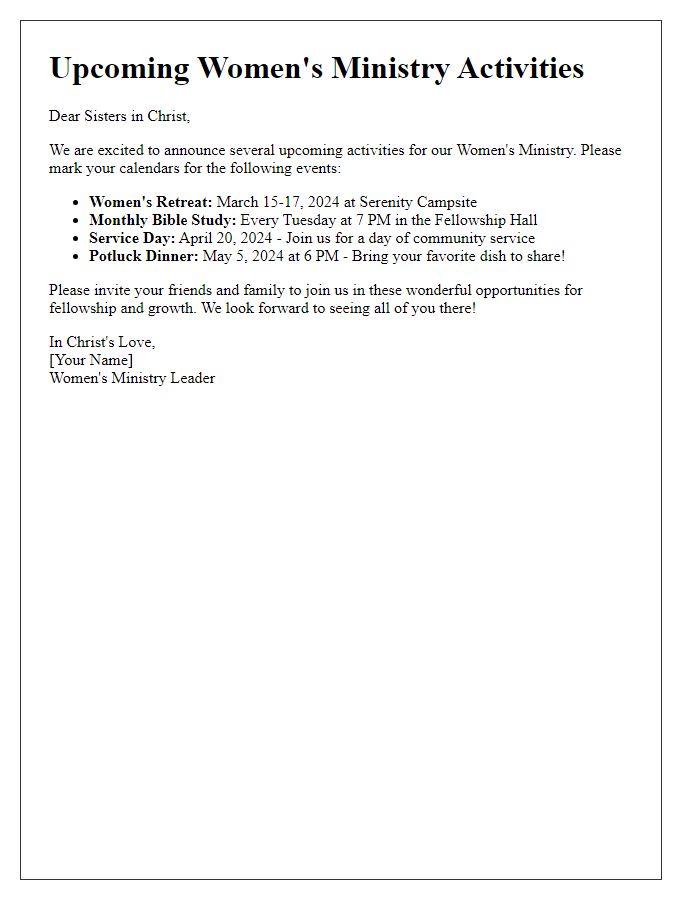 Letter template of announcements for upcoming church women's ministry activities