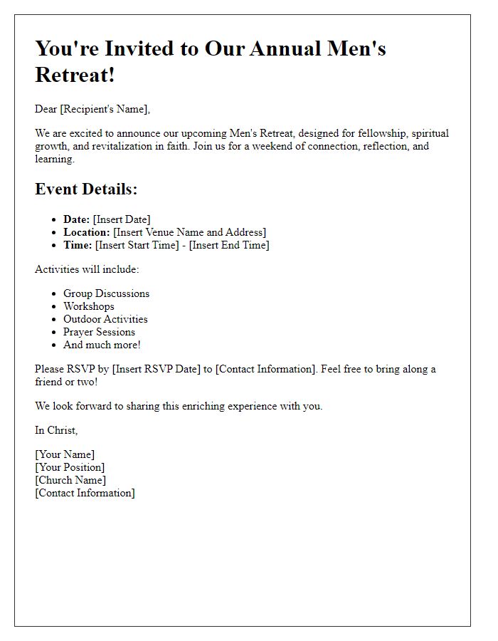 Letter template of church men's retreat invitation for fellowship.