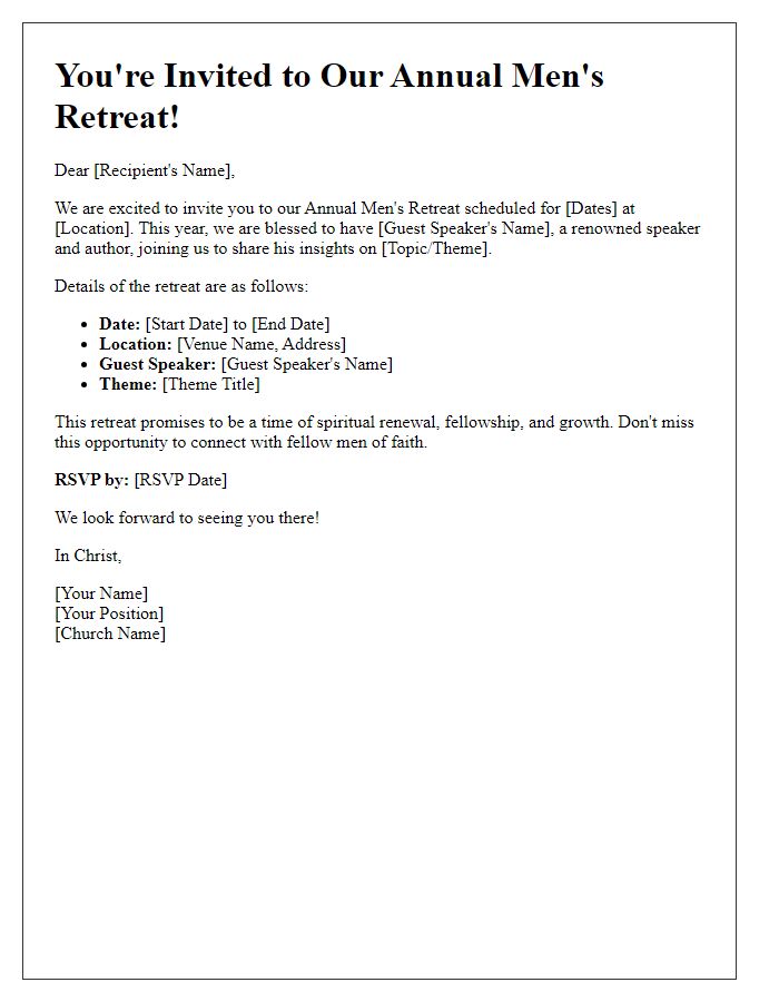 Letter template of church men's retreat invitation with a guest speaker.