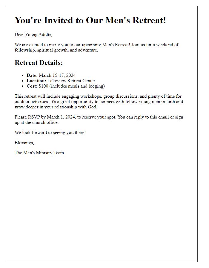 Letter template of church men's retreat invitation for young adults.