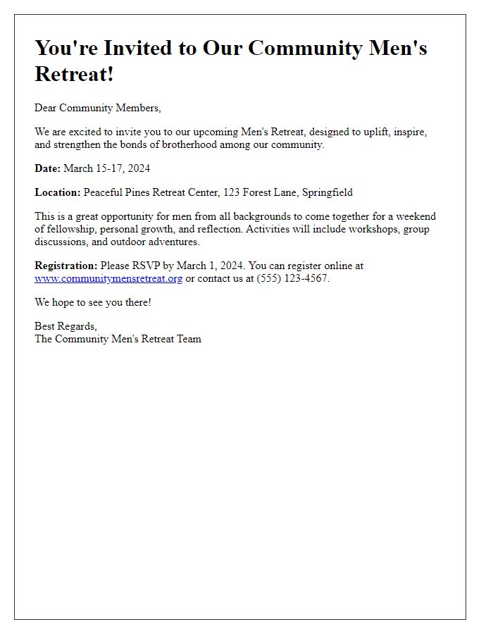 Letter template of community men's retreat invitation for outreach.