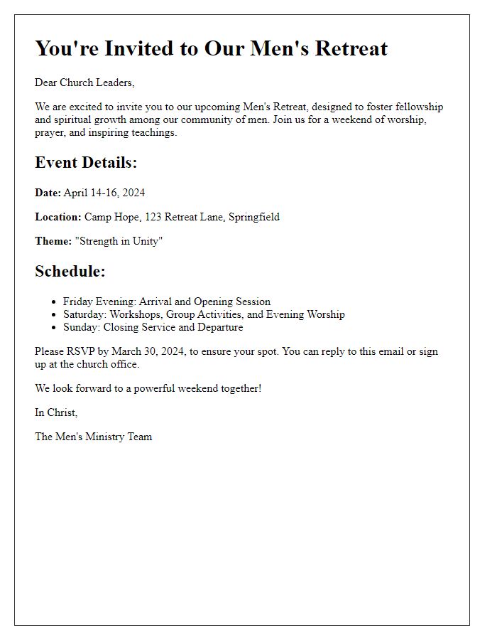 Letter template of men's retreat invitation for church leaders.