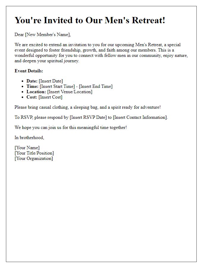 Letter template of men's retreat invitation for new members.