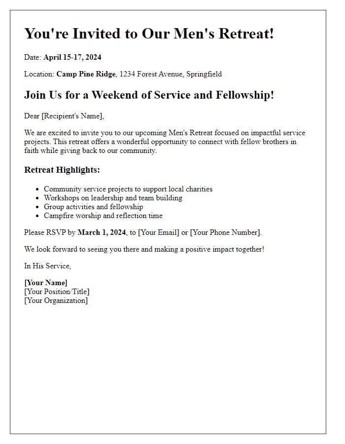 Letter template of men's retreat invitation tailored for service projects.