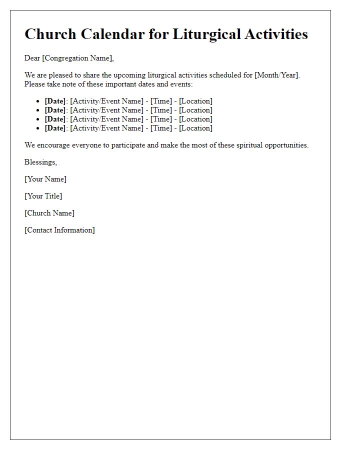 Letter template of church calendar for liturgical activities