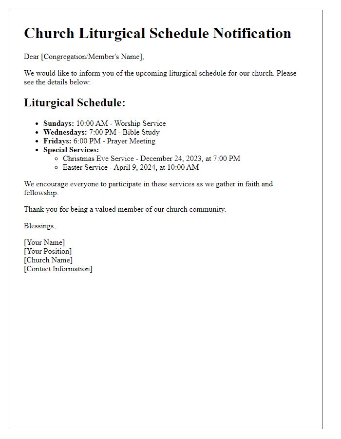 Letter template of church liturgical schedule notification