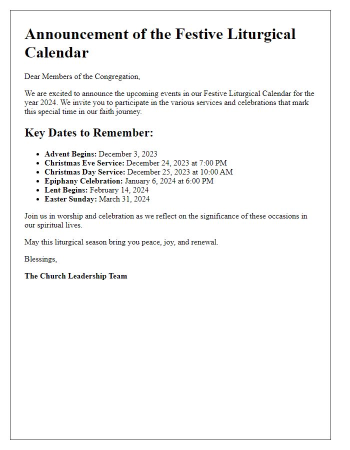 Letter template of festive liturgical calendar announcement