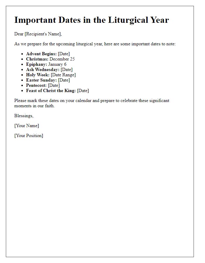 Letter template of important dates in the liturgical year