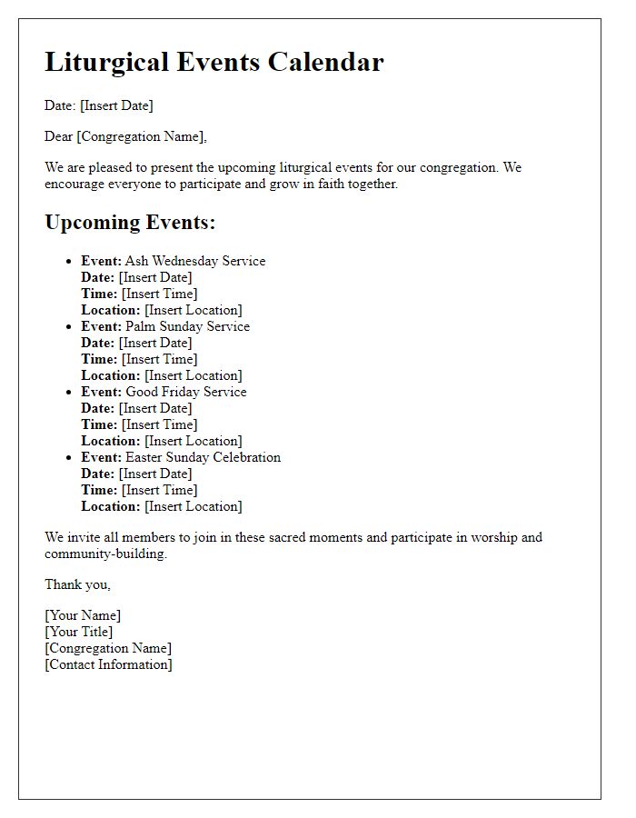 Letter template of liturgical events calendar for congregation