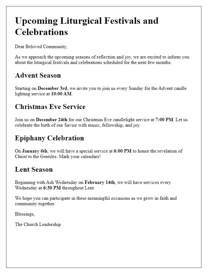 Letter template of upcoming liturgical festivals and celebrations