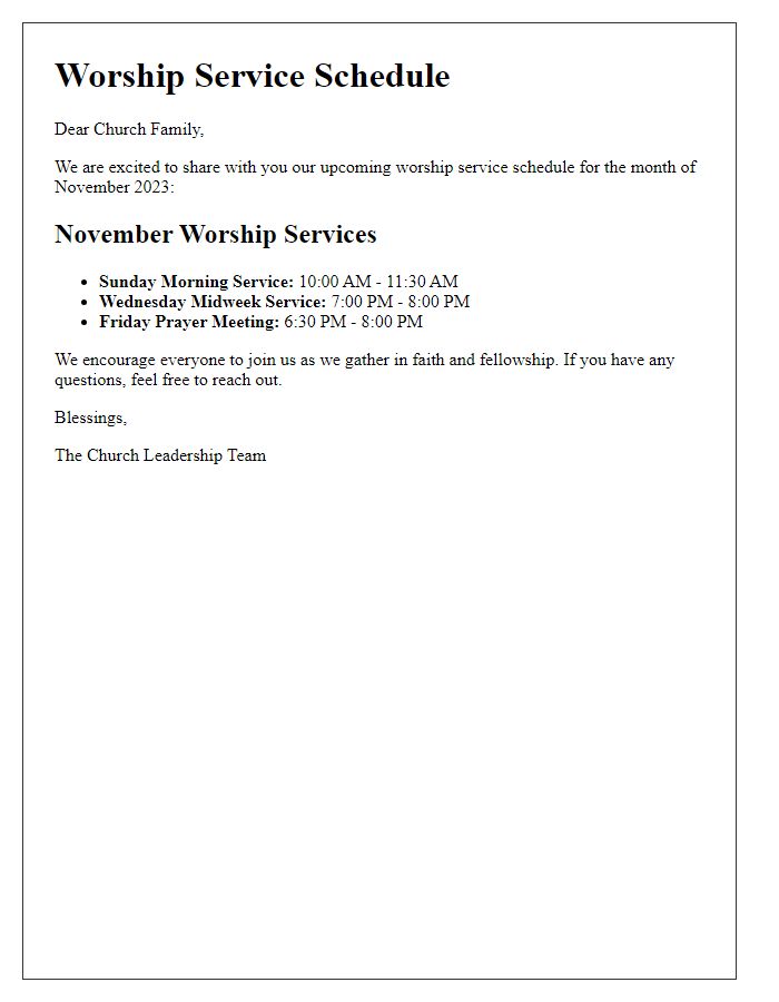 Letter template of worship service schedule for the church