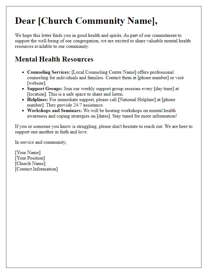 Letter template of church community mental health resources