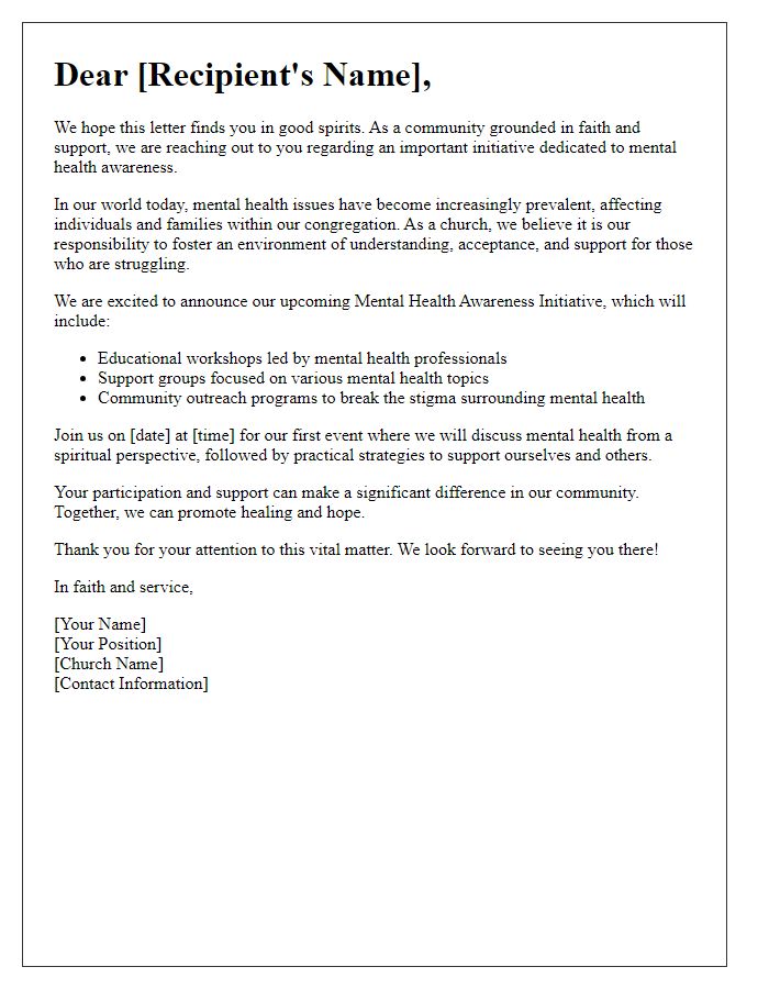 Letter template of church mental health awareness initiative