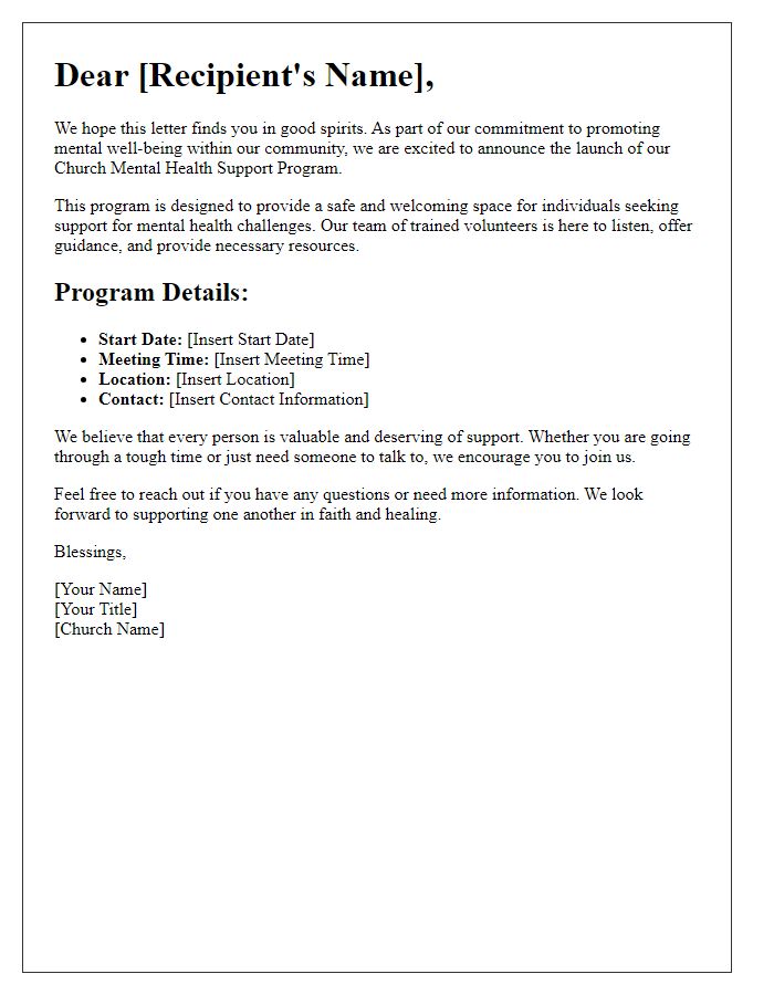 Letter template of church mental health support program