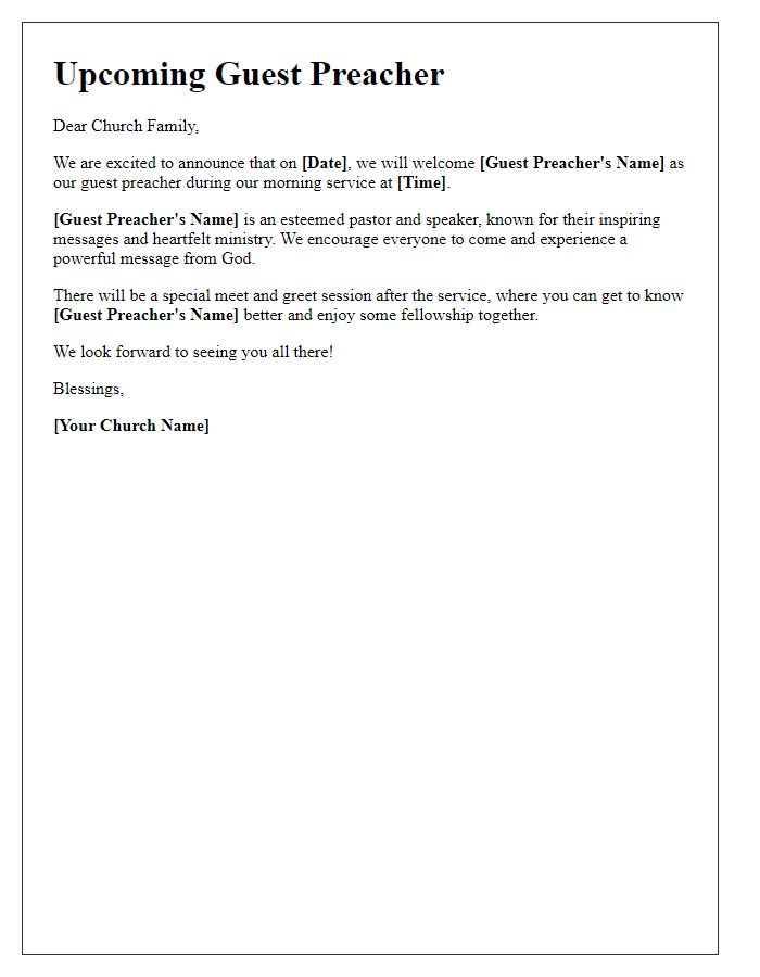 Letter template of church guest preacher announcement for church newsletter