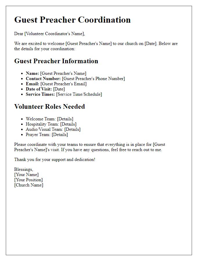 Letter template of church guest preacher details for volunteer coordination