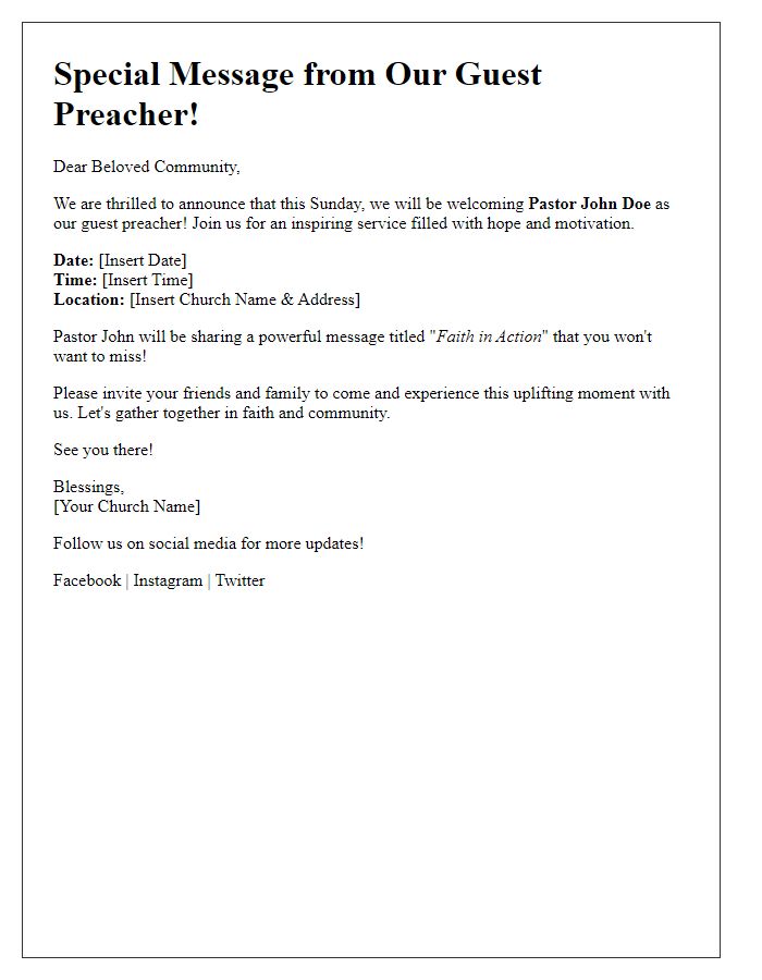 Letter template of church guest preacher message for social media