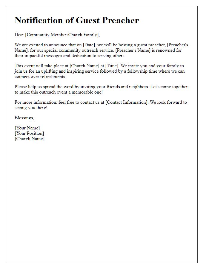 Letter template of church guest preacher notification for community outreach