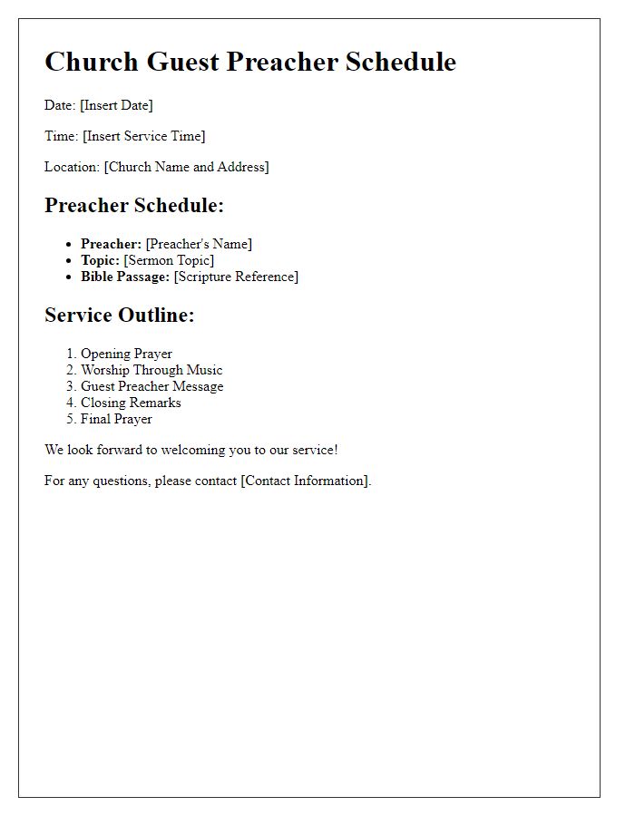 Letter template of church guest preacher schedule for worship service