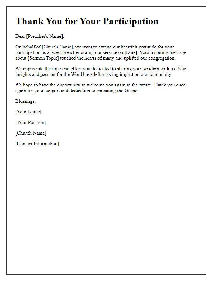 Letter template of church guest preacher thank you note for participation