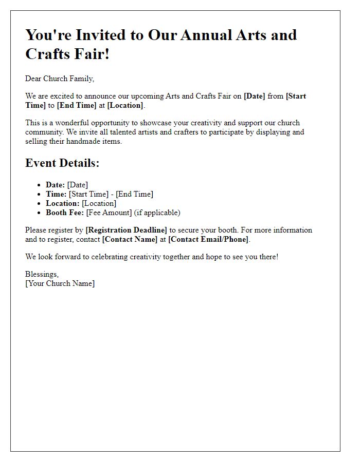 Letter template of announcement for church arts and crafts fair