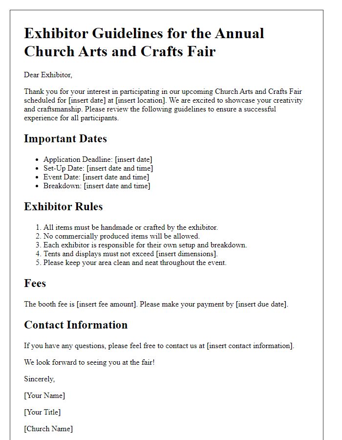 Letter template of exhibitor guidelines for church arts and crafts fair