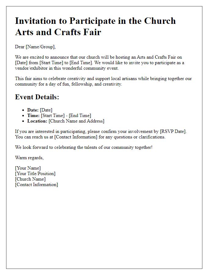 Letter template of invitation for church arts and crafts fair participation