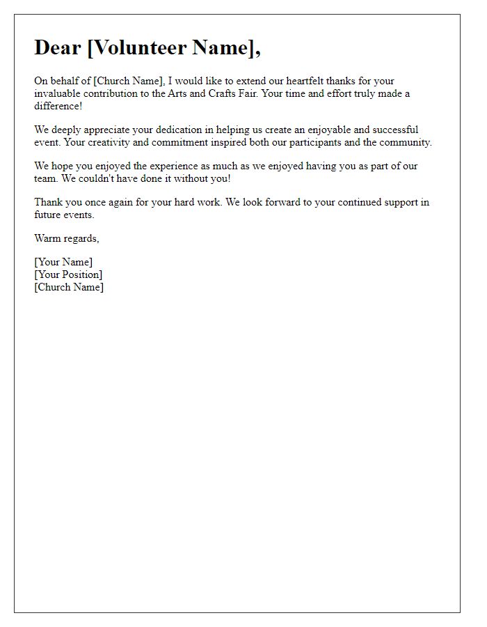 Letter template of thank you for volunteers at church arts and crafts fair