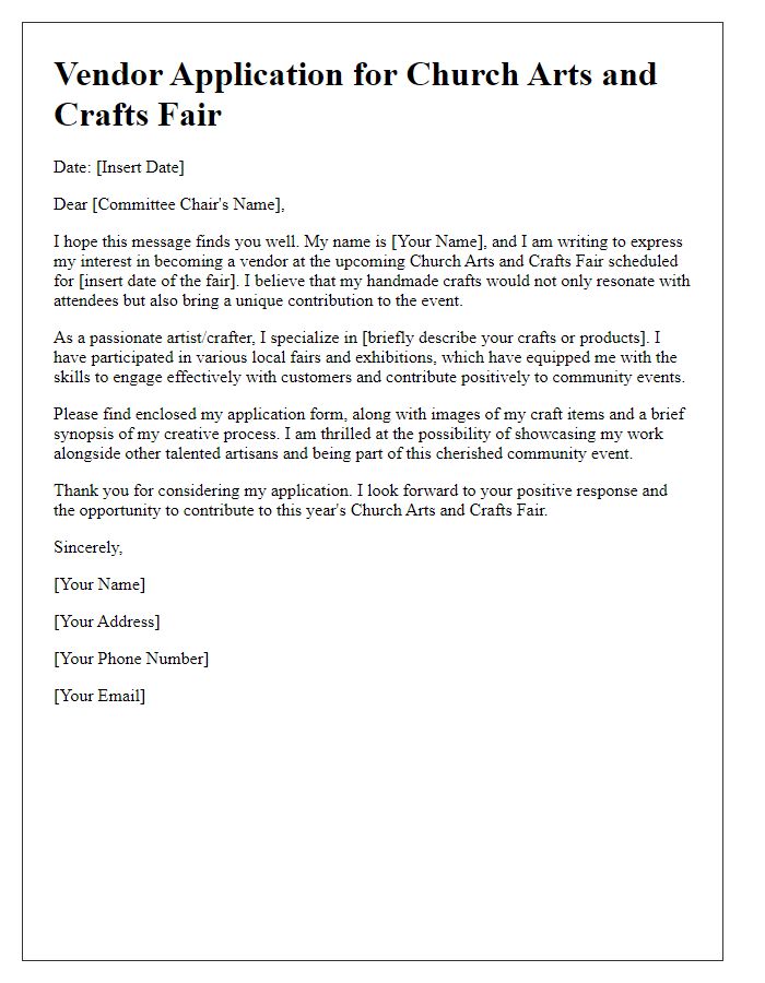 Letter template of vendor application for church arts and crafts fair