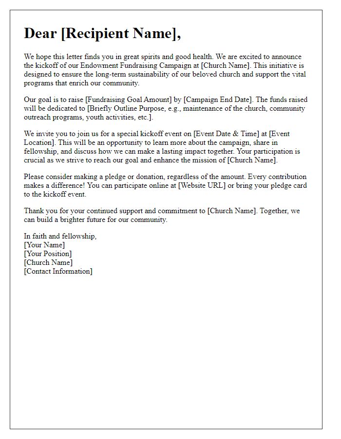 Letter template of church endowment fundraising campaign kickoff