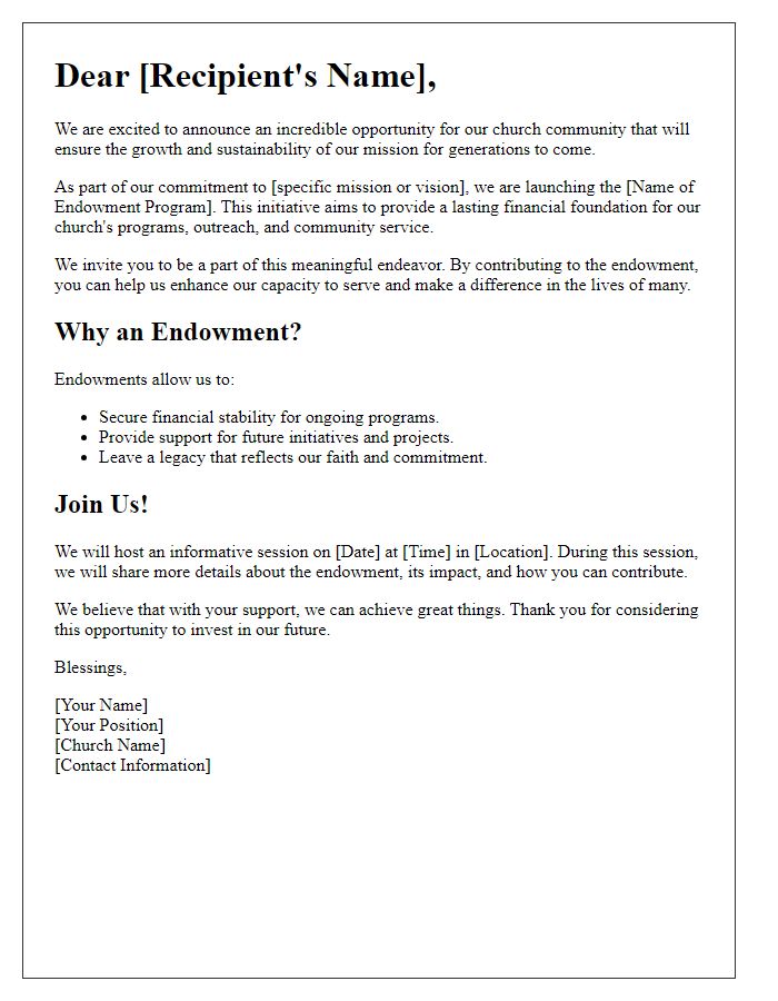 Letter template of church endowment opportunity launch communication