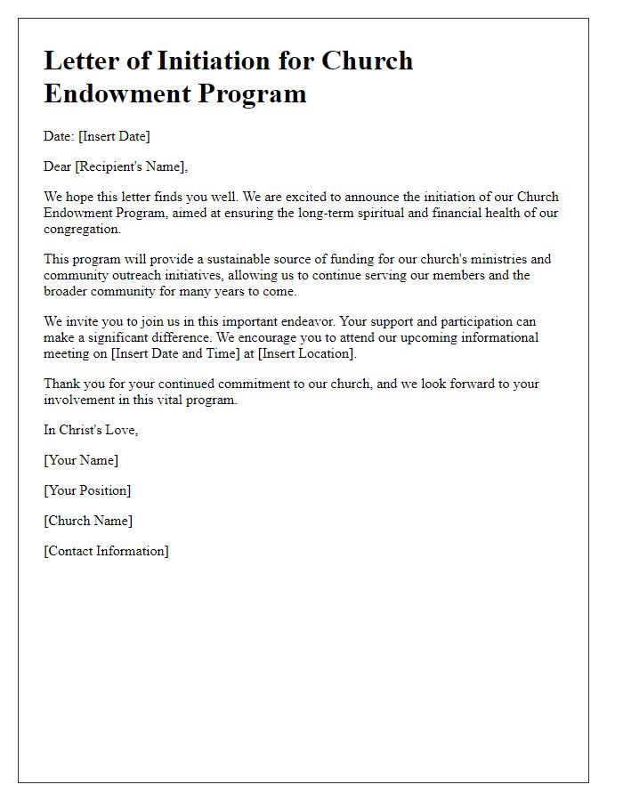 Letter template of church endowment program initiation letter