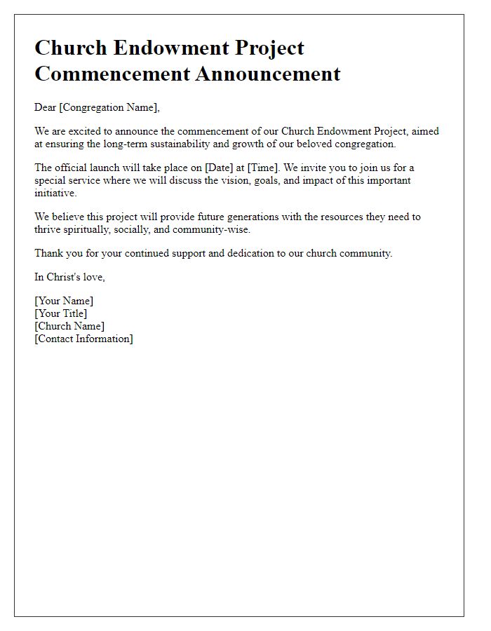 Letter template of church endowment project commencement announcement