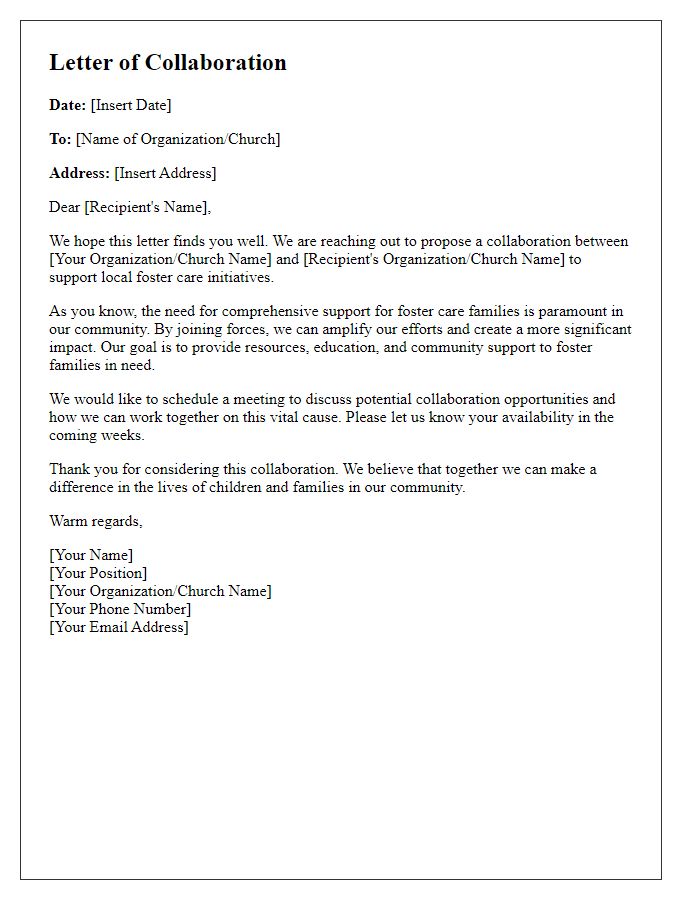 Letter template of collaboration for local organizations and church foster care initiatives.