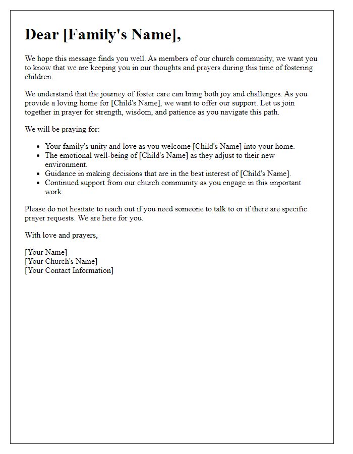 Letter template of prayer support for families involved in church foster care.