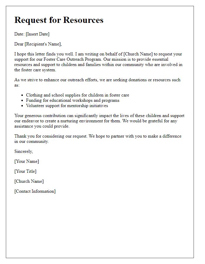 Letter template of request for resources for church foster care outreach programs.