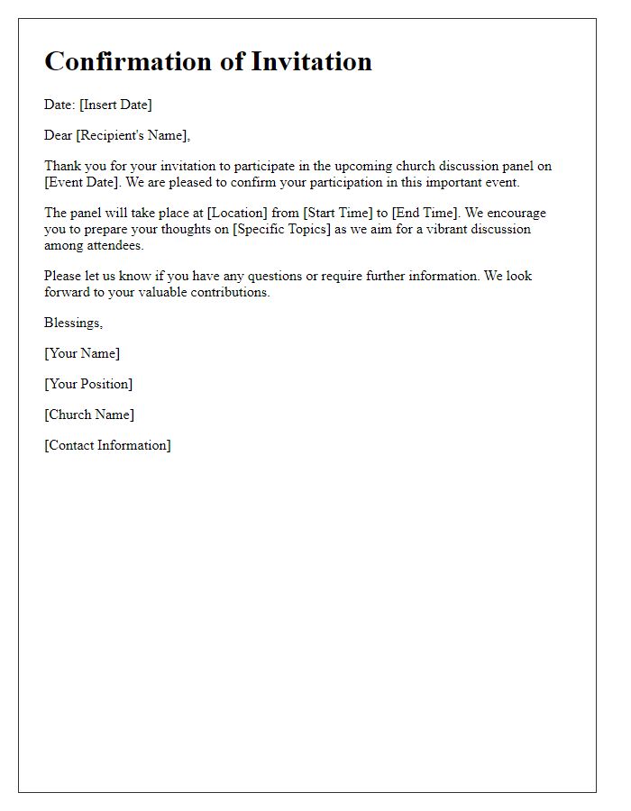 Letter template of confirmation for church discussion panel invitation