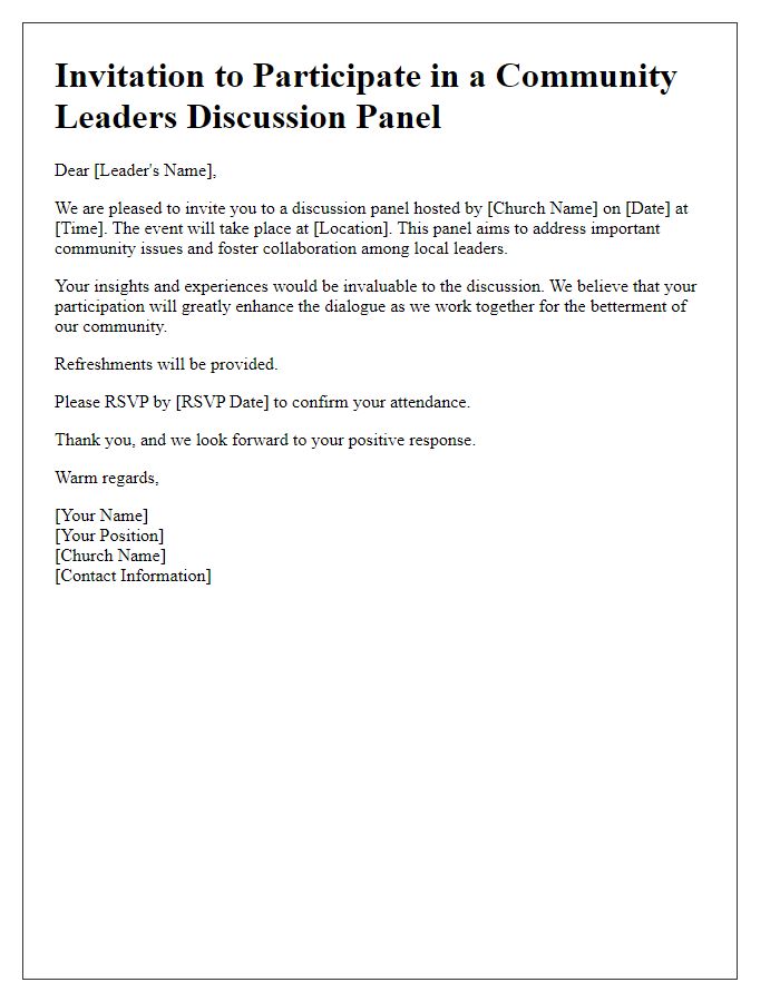 Letter template of invite to church discussion panel for community leaders