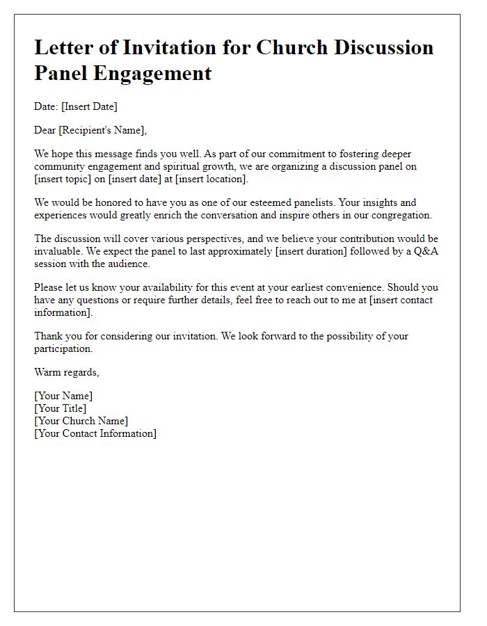 Letter template of outreach for church discussion panel engagement