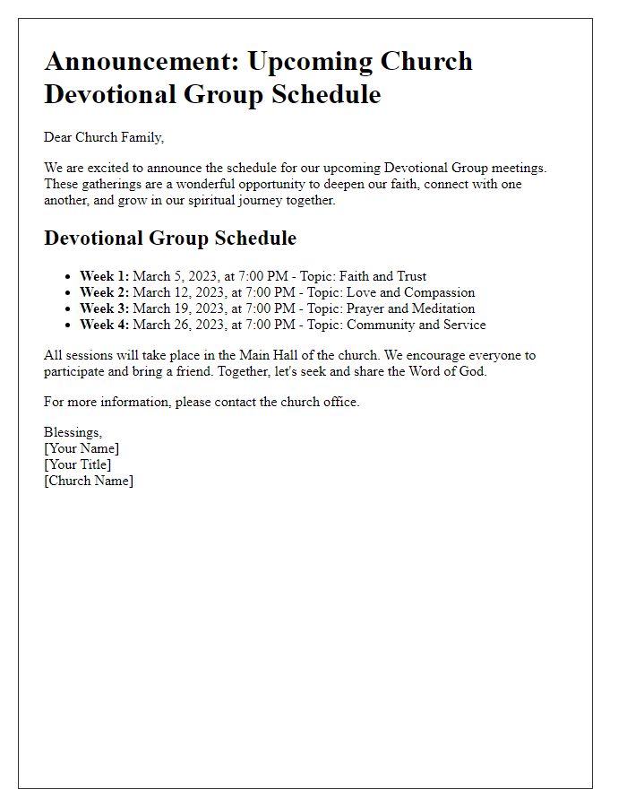 Letter template of announcement for church devotional group schedule