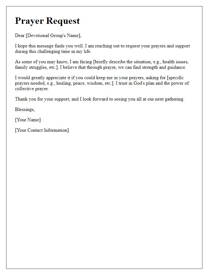 Letter template of prayer request for church devotional group support