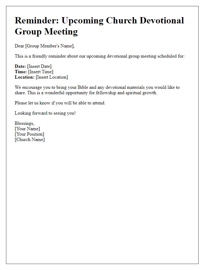 Letter template of reminder for church devotional group meeting