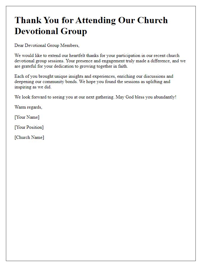 Letter template of thank you for church devotional group attendees