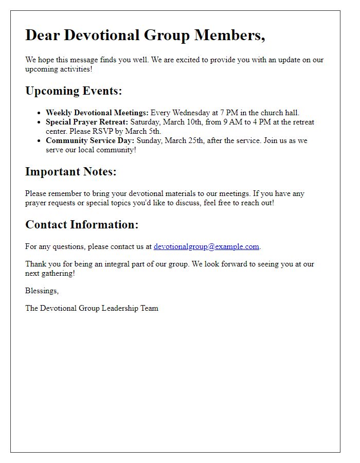 Letter template of update for church devotional group activities