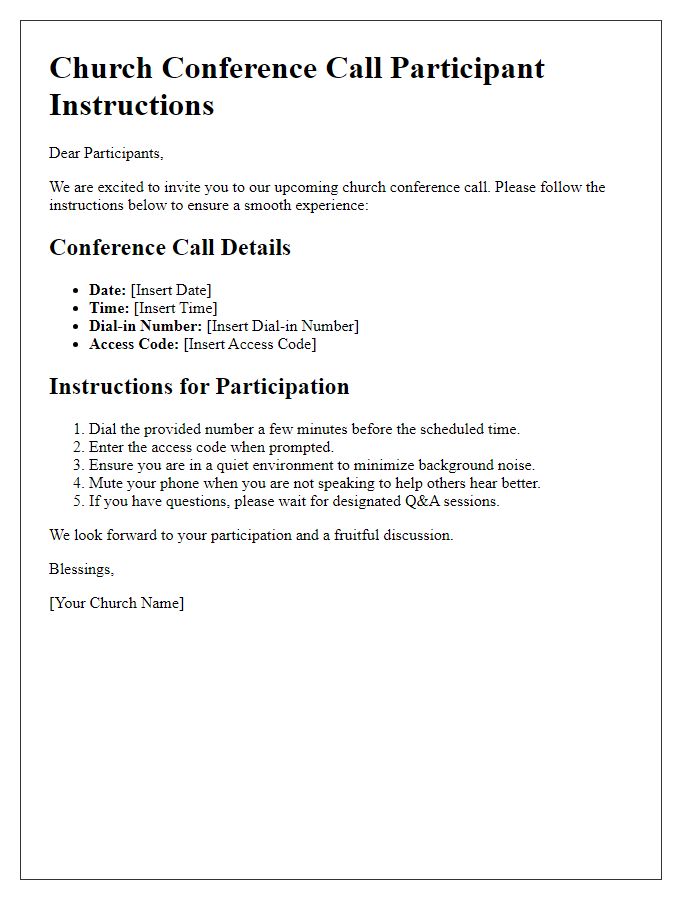 Letter template of church conference call participant instructions