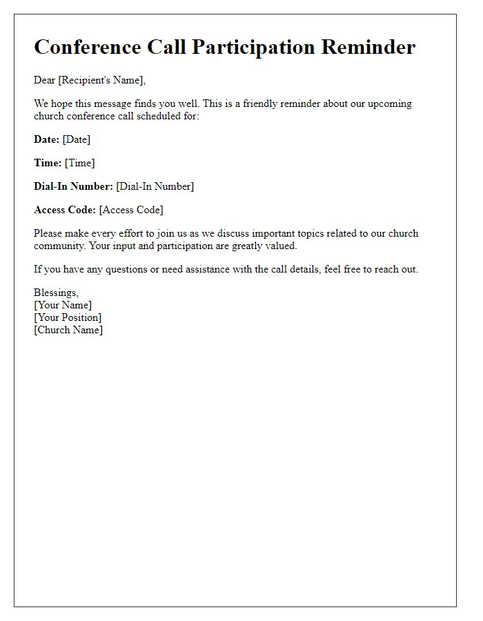 Letter template of church conference call participation reminder