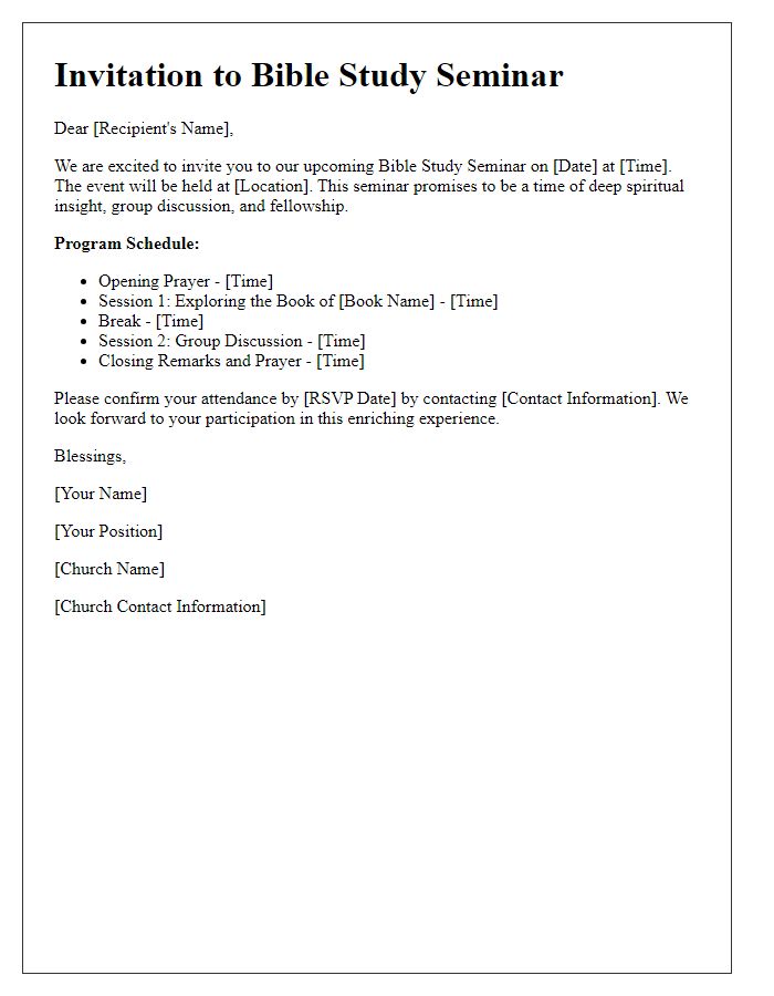 Letter template of church bible study seminar program.