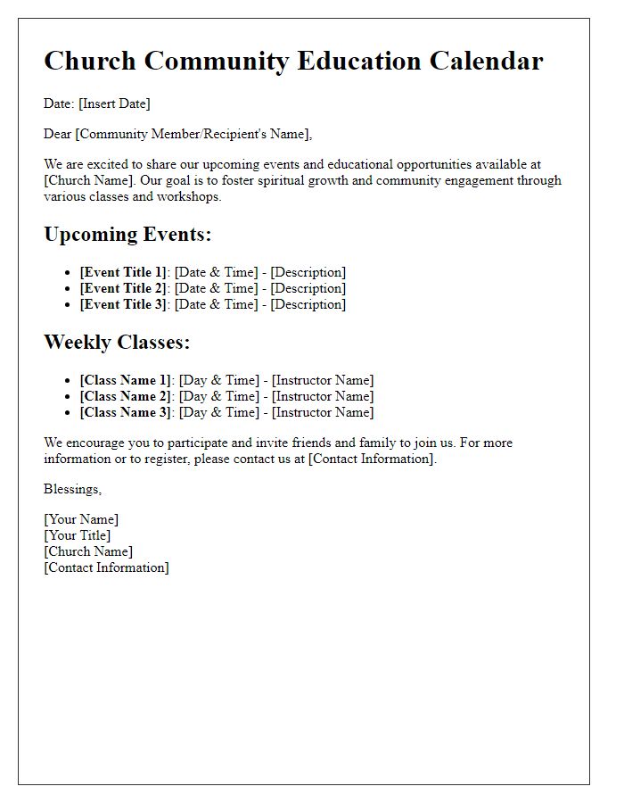 Letter template of church community education calendar.