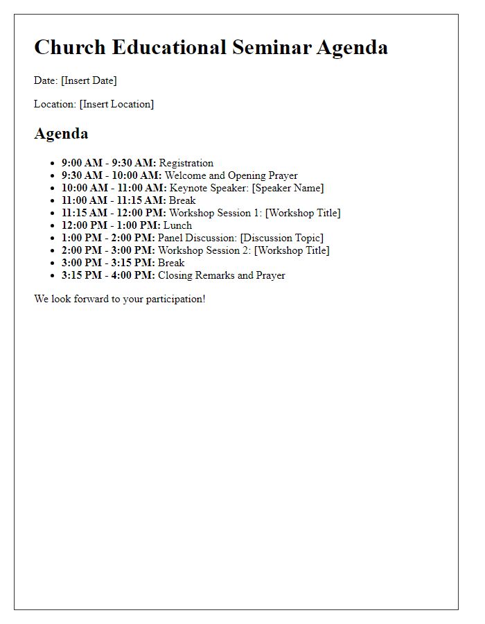 Letter template of church educational seminar agenda.