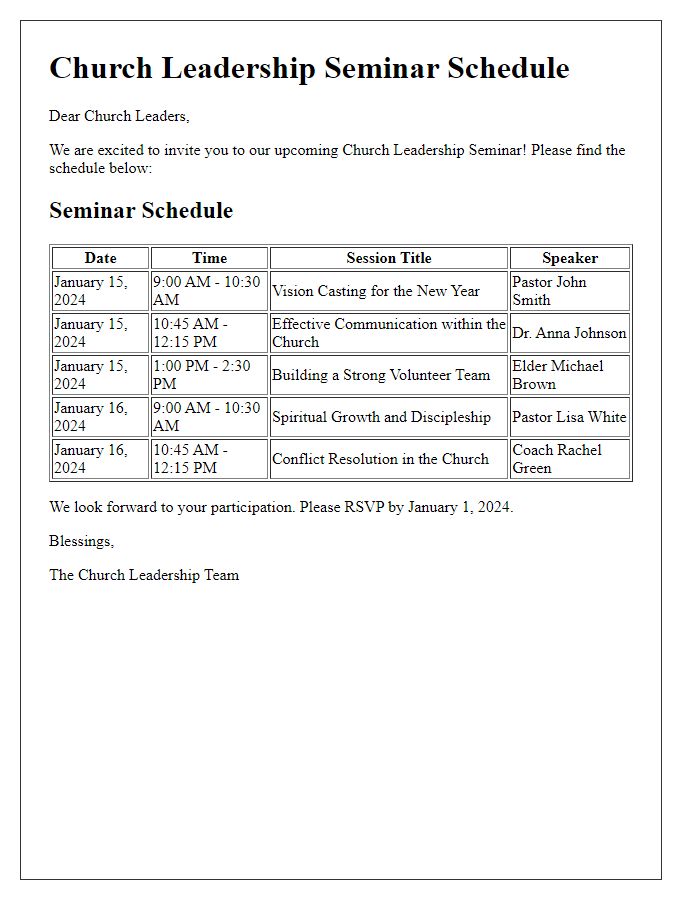 Letter template of church leadership seminar schedule.